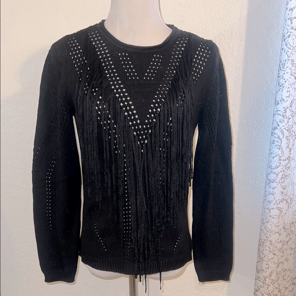 Black Fringe Sweater with open knit